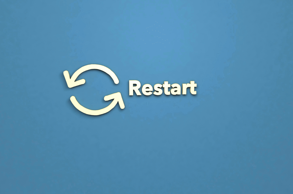 青い背景に、白い3Dの再起動アイコンと「Restart」の文字が書かれています